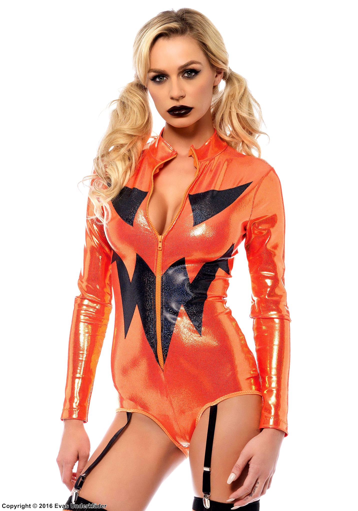 Jack-o'-lantern Halloween pumpkin, body costume, iridescent fabric, front zipper